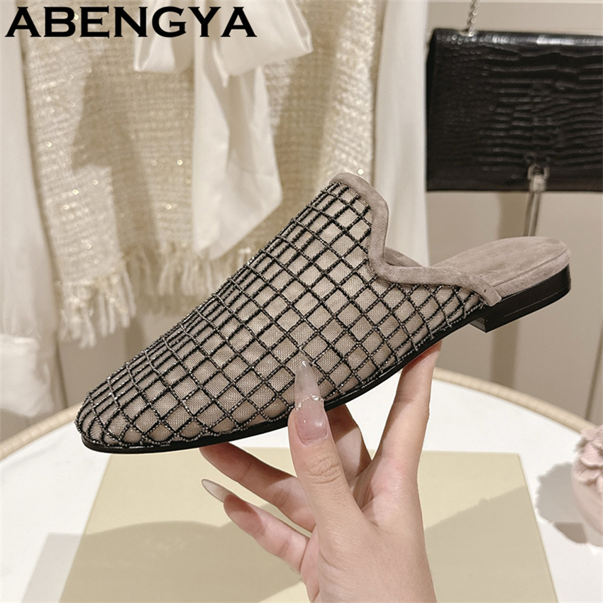 Women Shoes For Walking - Glanzende kant mesh ronde teen platte