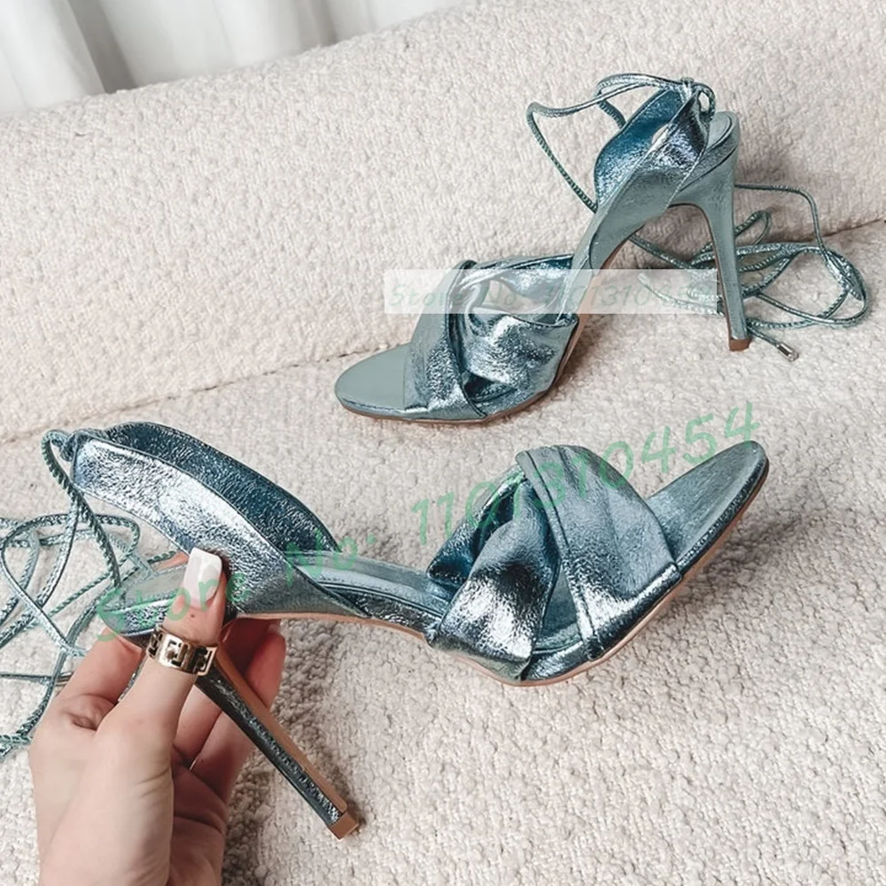Metallic Heel Sandal - Metallic Blauwe Wrap Hakken Sandalen Vrouwen
