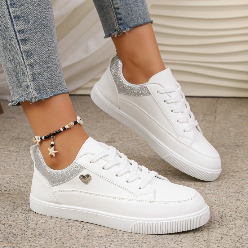 Women Shoes For Walking - Dames Witte Glitter Hart Sneakers -