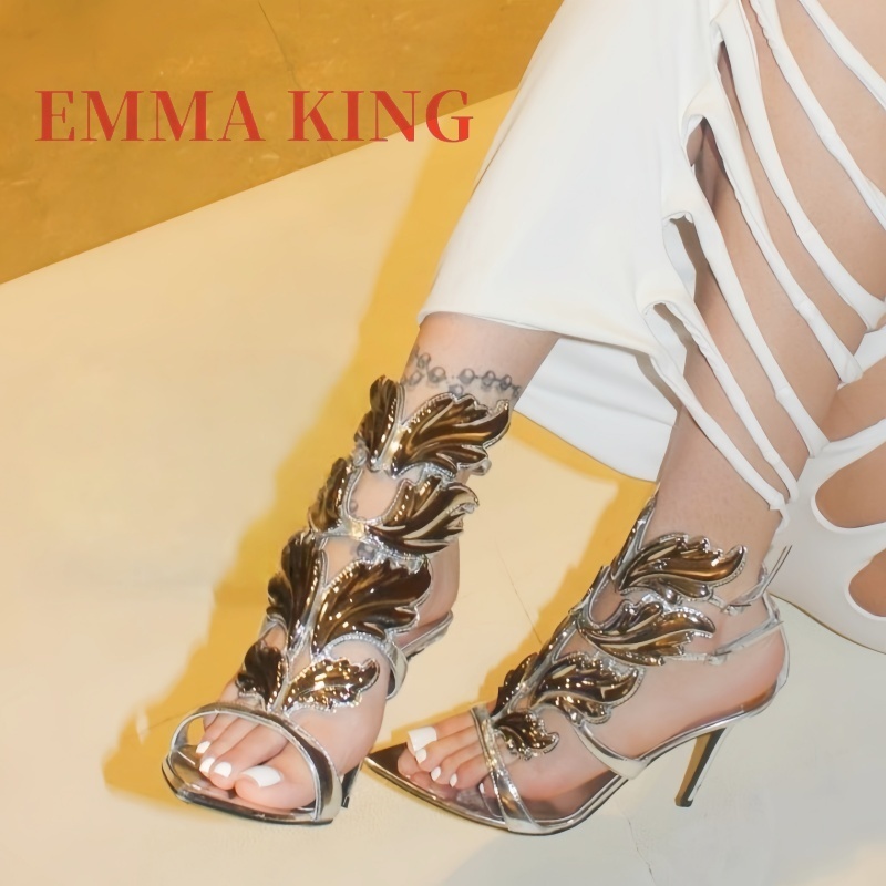 Metallic Heel Sandal - Dames Metallic Gevleugelde Hoge Hak Sandalen,